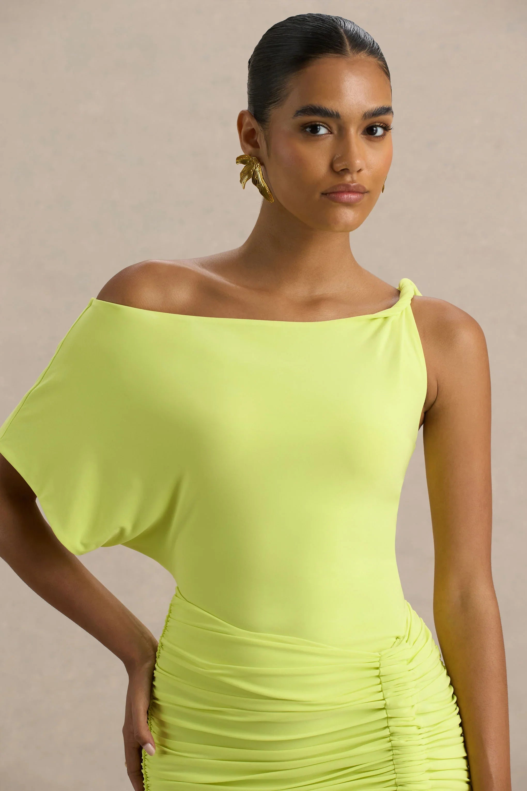 Marci Lime Green Asymmetric Ruched Mini Dress With Sash