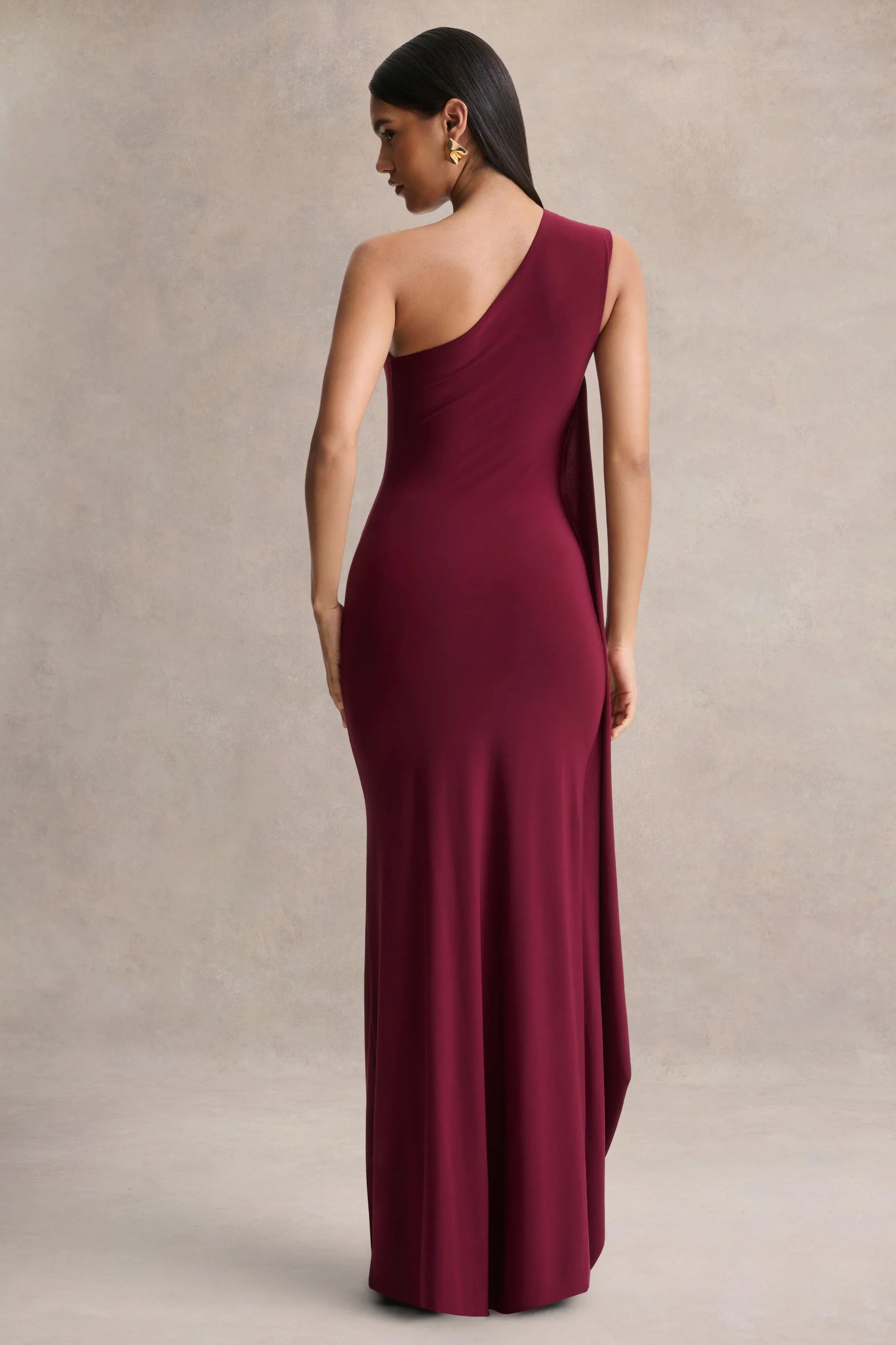 Adelina Burgundy One Shoulder Maxi Dress With Drape