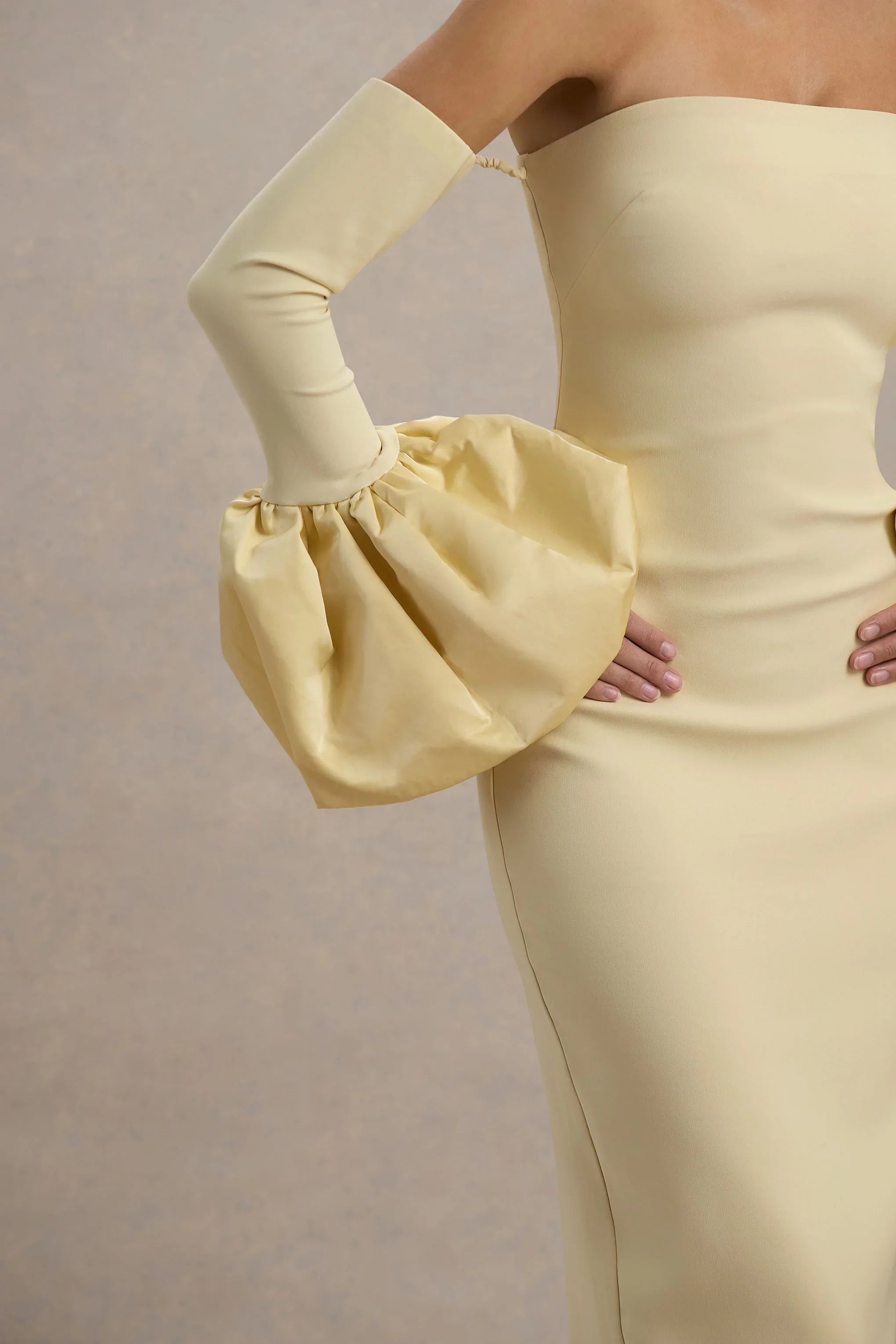 Myah Lemon Bandeau Long Sleeve Maxi Dress With Puff Cuffs