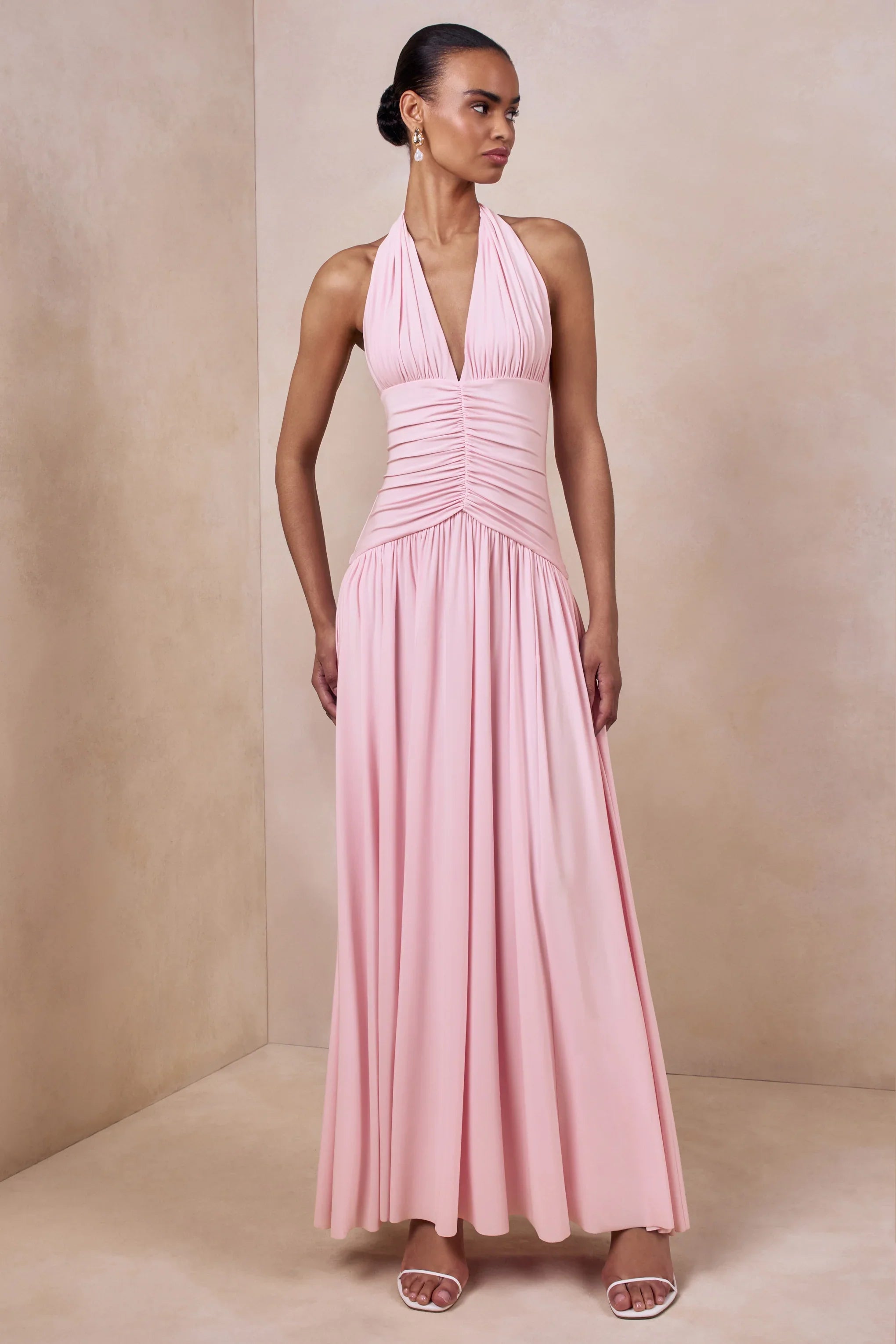 Bettina Pink Plunge Neck Maxi Dress With Gathered Detailing