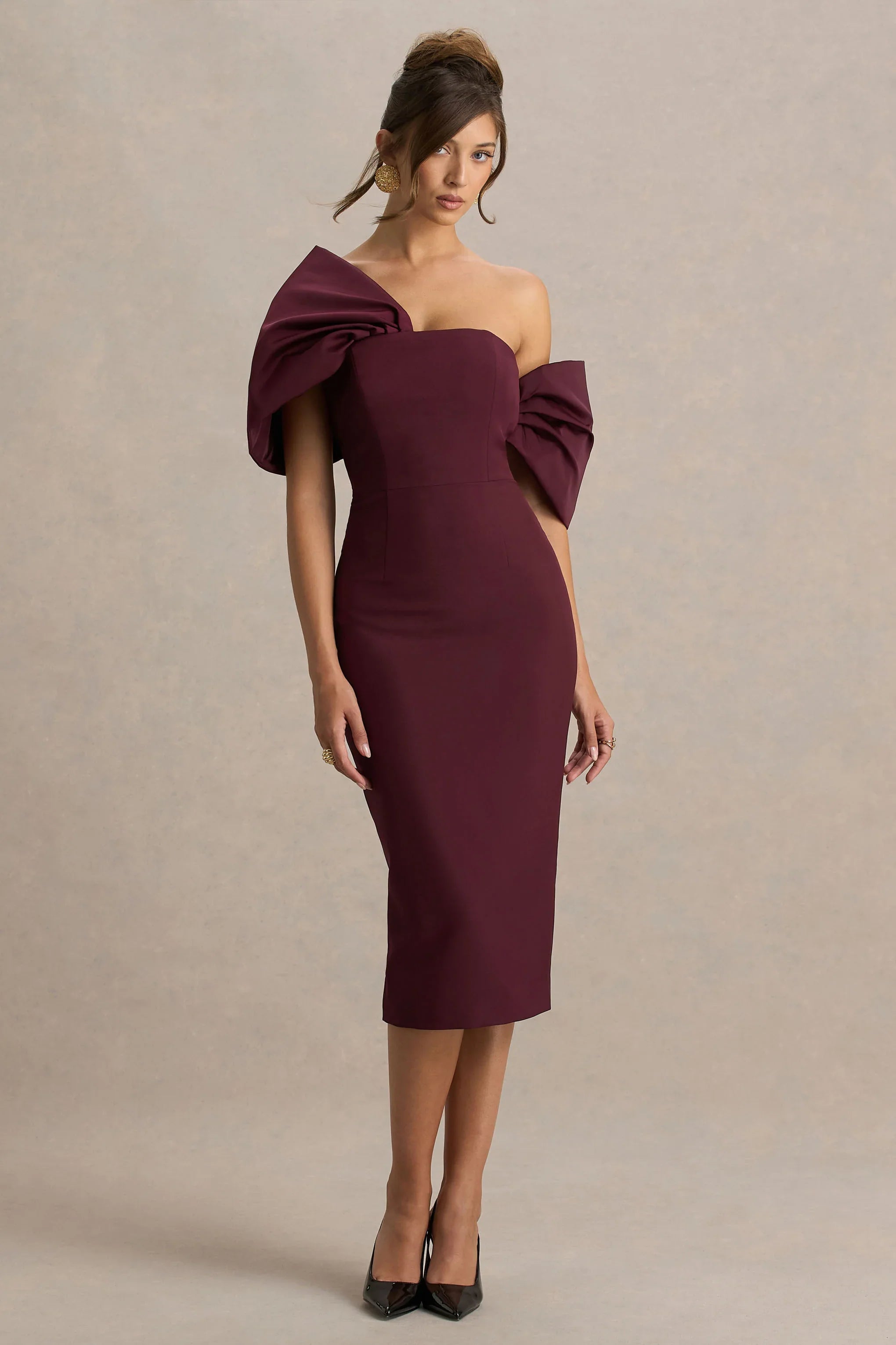 Lucille Burgundy Asymmetric Bardot Midi Dress With Bow Detail