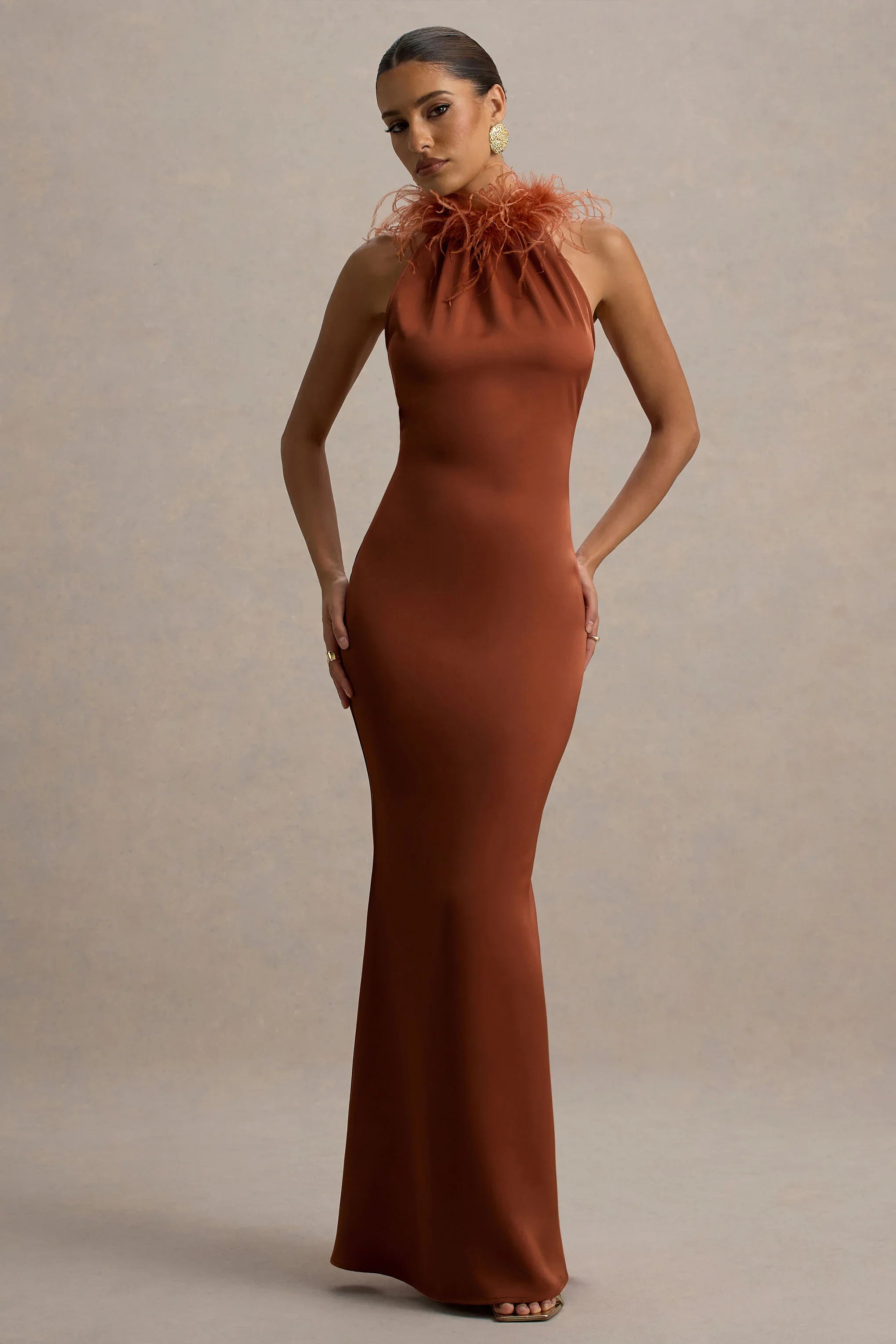 Bianca Rust Satin Feather Trim Maxi Dress