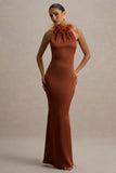 Bianca Rust Satin Feather Trim Maxi Dress