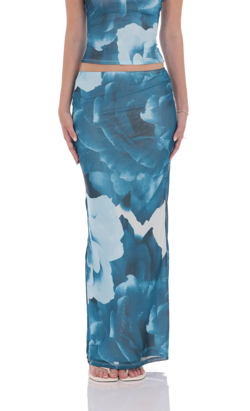 Strapless Floral Mesh Two Piece Set in Blue