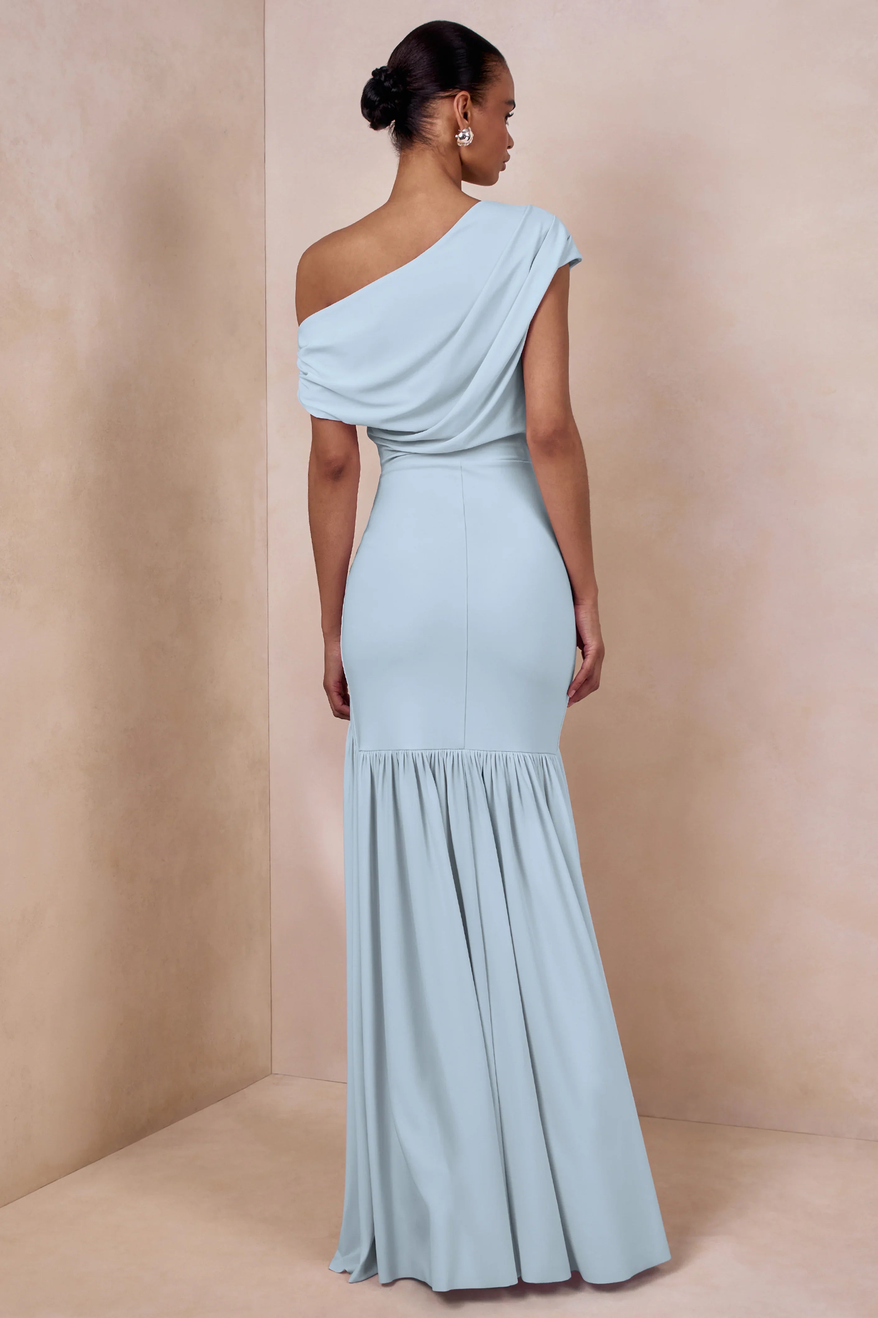Kady Powder Blue Asymmetric Neck Maxi Dress With Ruched Detailing