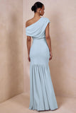 Kady Powder Blue Asymmetric Neck Maxi Dress With Ruched Detailing