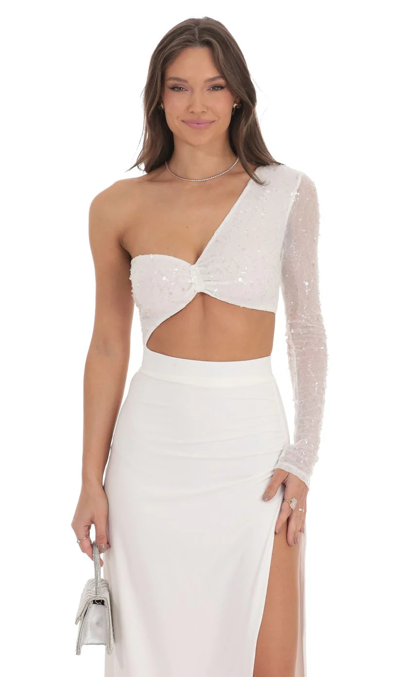One Shoulder Sequin Maxi Dress in White