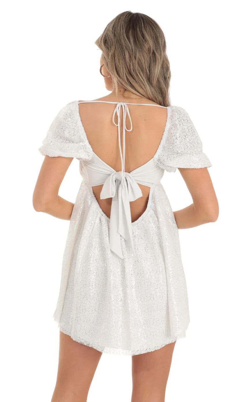 Sequin Puff Sleeve Baby Doll Dress in White