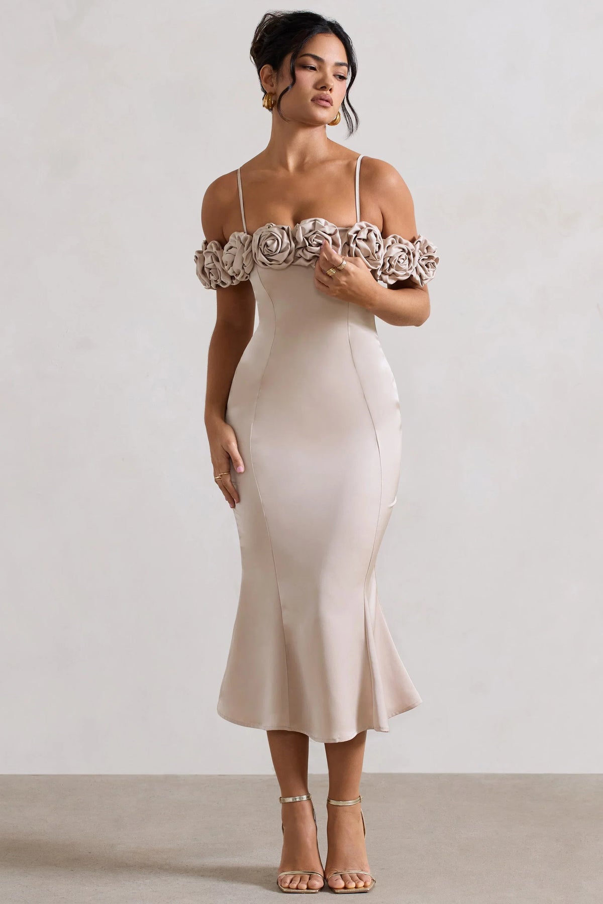 Petunia Champagne Satin Floral Bardot Midi Dress