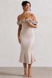 Petunia Champagne Satin Floral Bardot Midi Dress