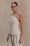 Gabby Asymmetrical Neckline Linen Beaded Top Natural
