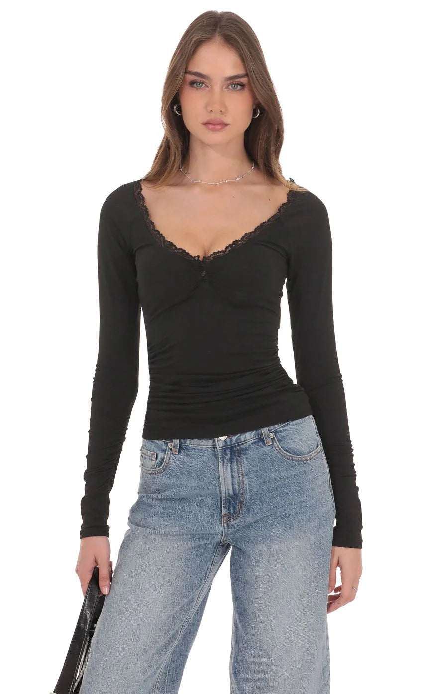 Lace Trim Long Sleeve Top in Black