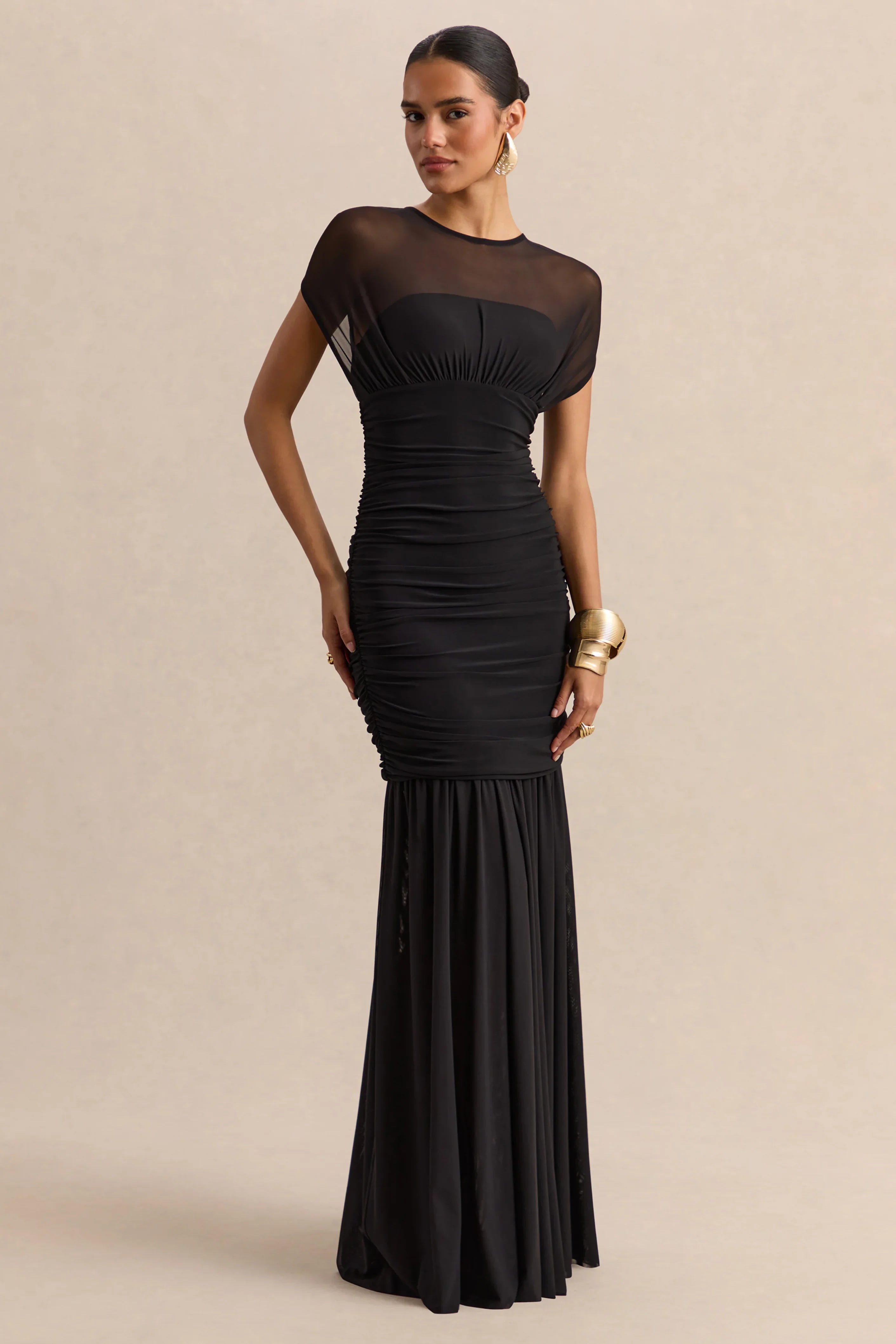 Kalene Black Wide Neck Maxi Dress With Sheer Detailing