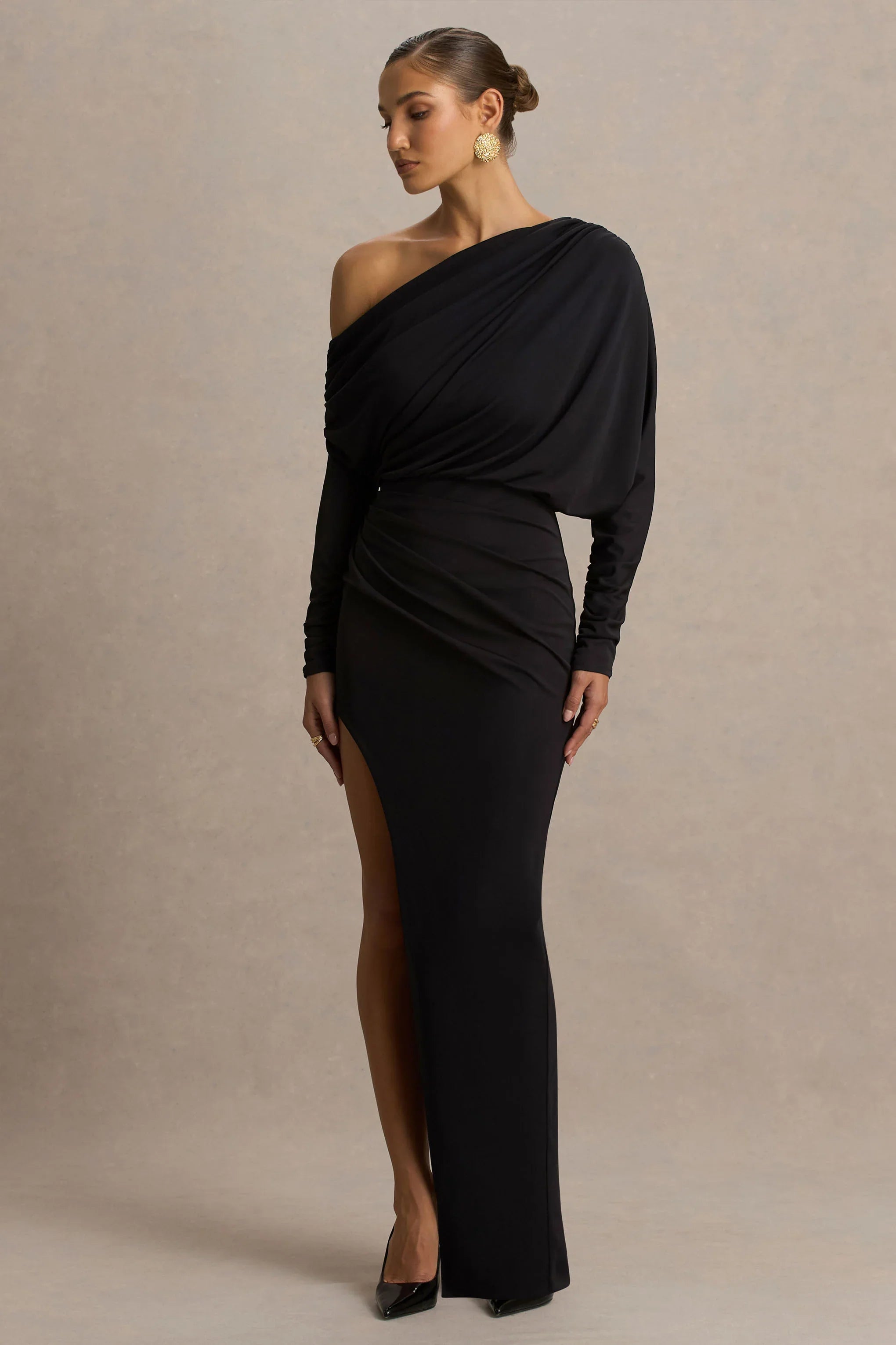 Olivia Black Asymmetric Neck Maxi Dress With Ruched Detailing And Asymmetric Hem