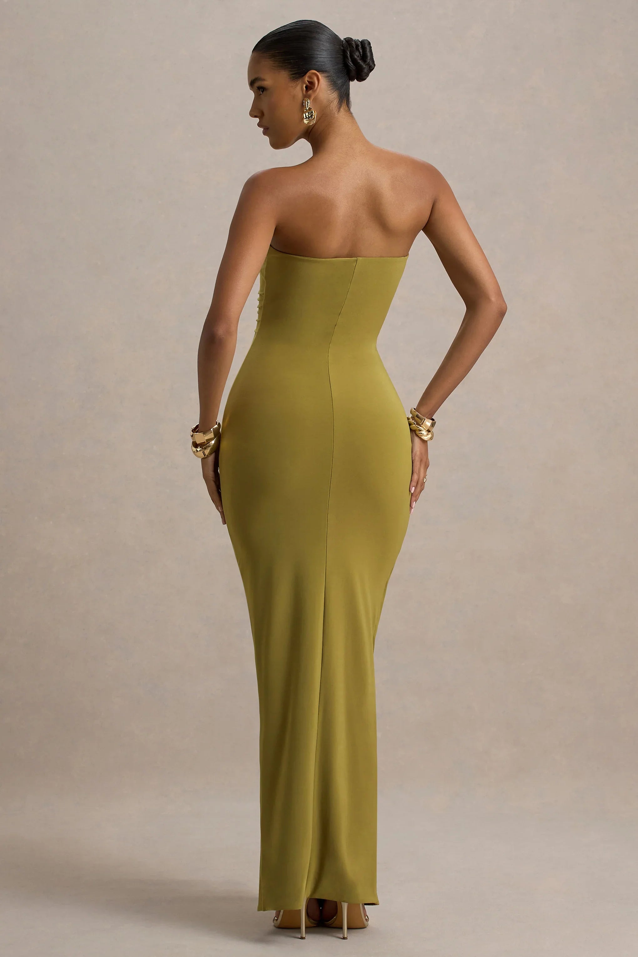 Ali Olive Sweetheart Ruched Wrap Maxi Dress