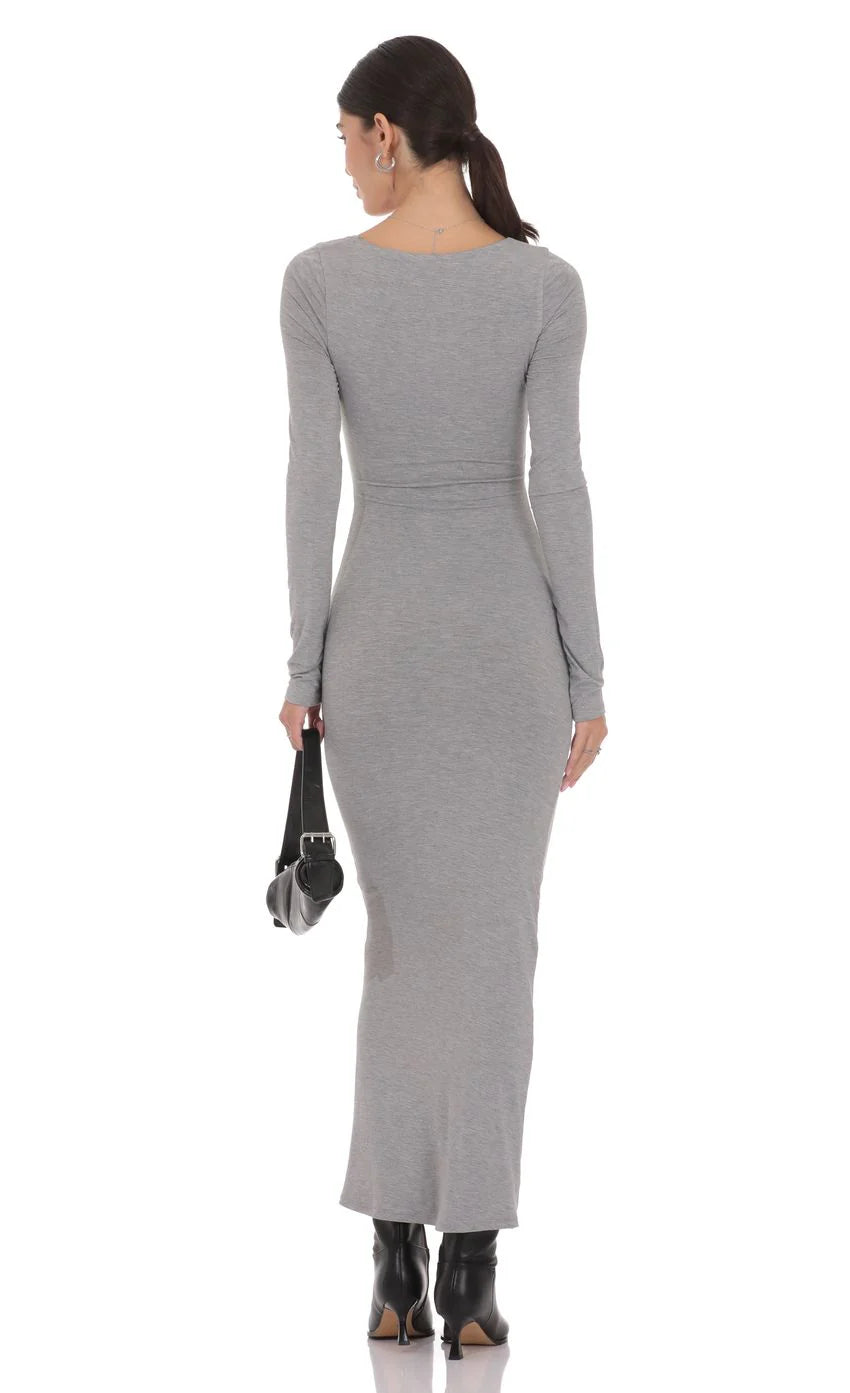 V Neck Long Sleeve Maxi Dress in Grey