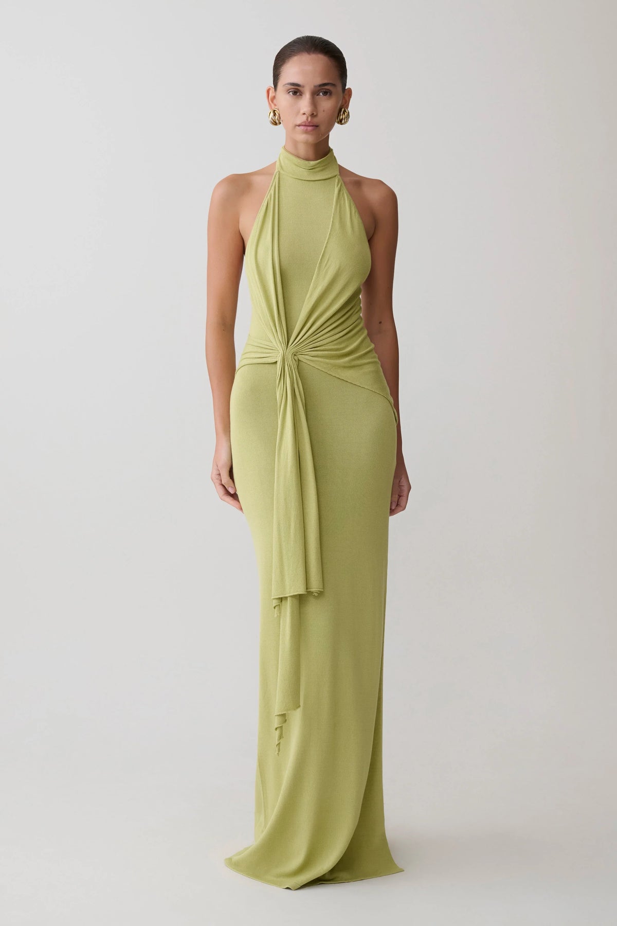 Cindylou Halter Knit Maxi Dress Light Olive