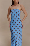 Amaya Strapless Chiffon Maxi Dress Blue Polka Dot
