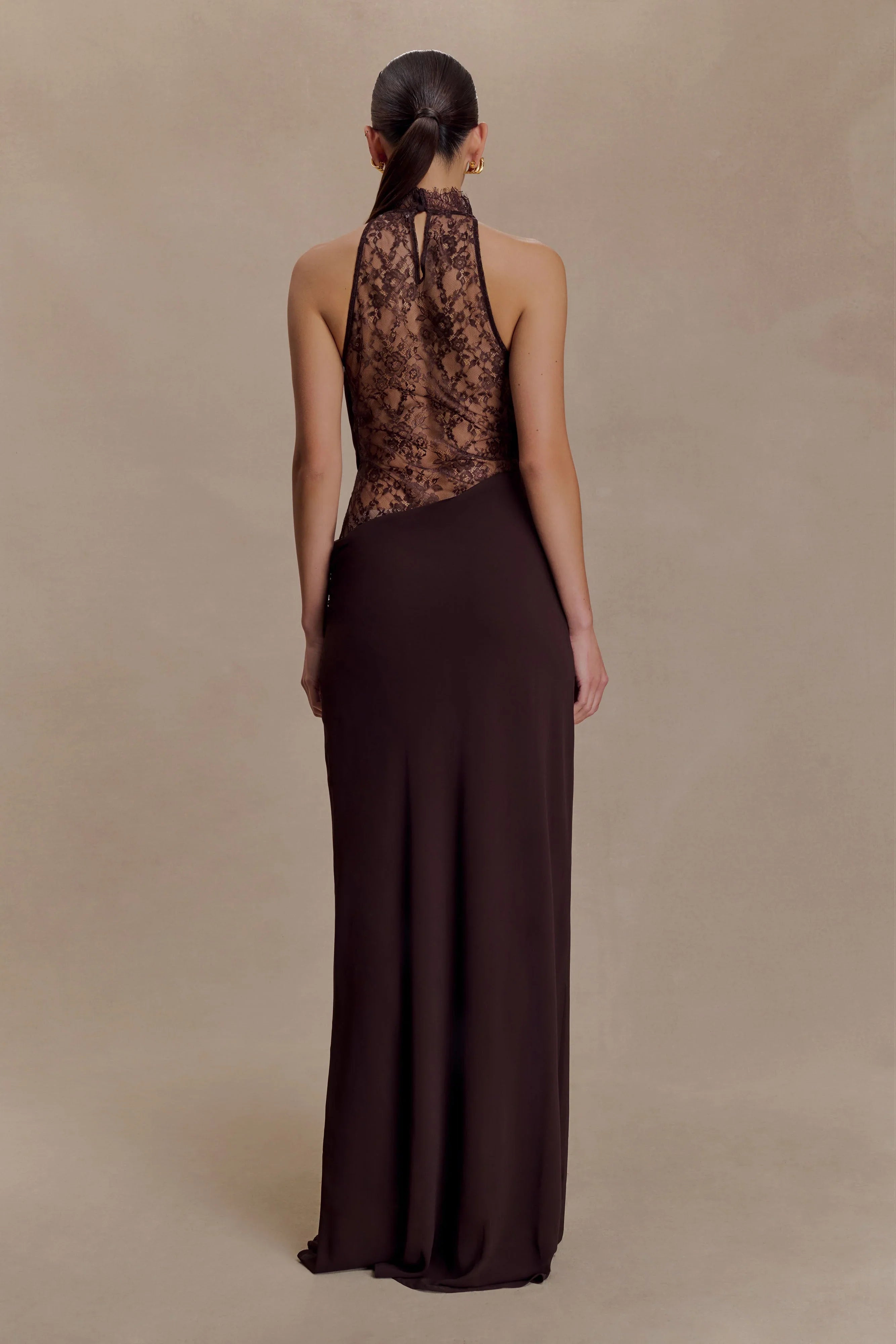 Arra Chiffon And Lace Halter Maxi Dress Cacao Brown
