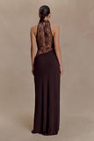 Arra Chiffon And Lace Halter Maxi Dress Cacao Brown