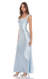 Satin Lace Bust Maxi Dress in Light Blue