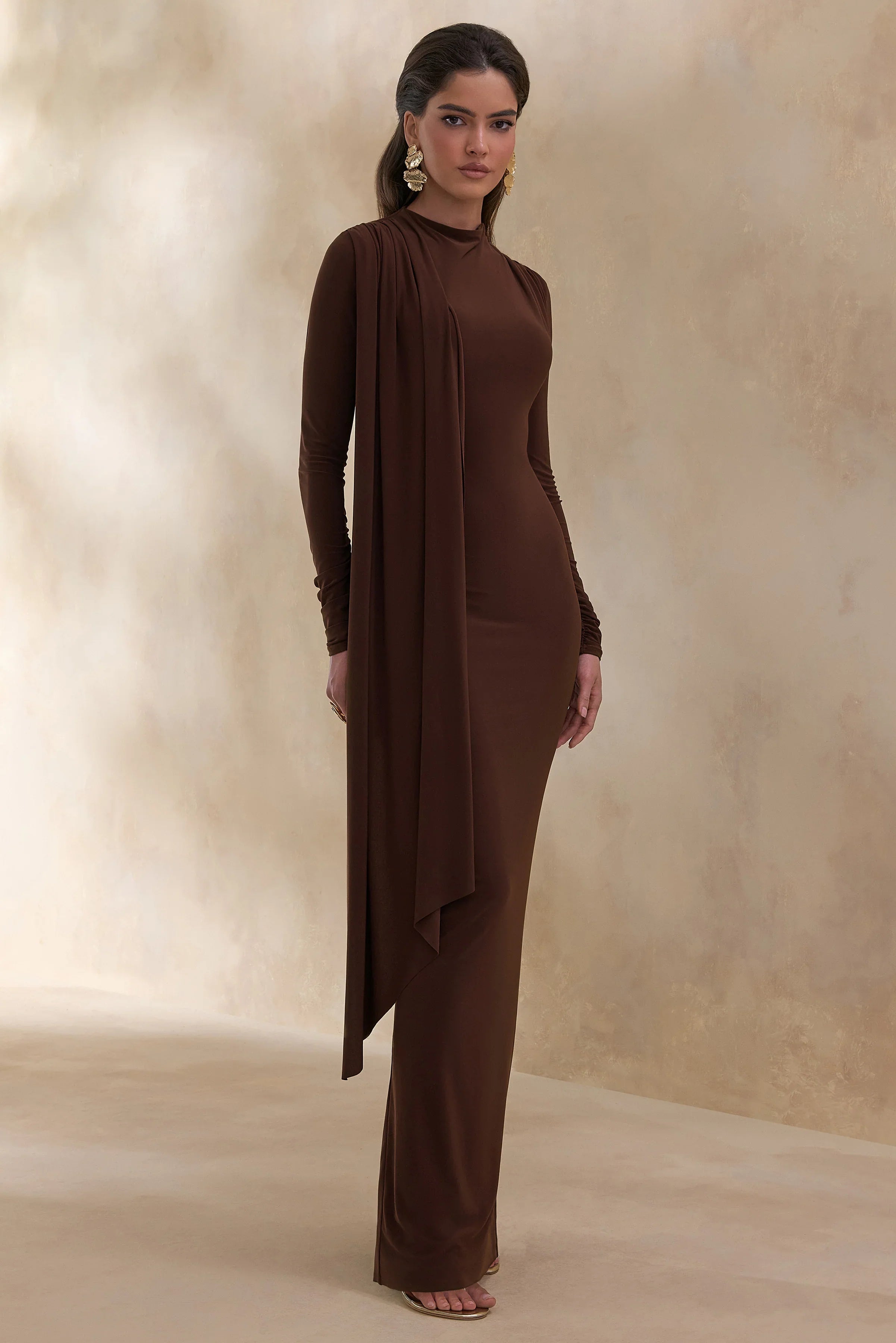Amaria Brown High Neck Maxi Dress With Sash Detail