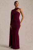 Dawn Burgundy Asymmetric Neck Maxi Dress With One Long Sleeve And Cape