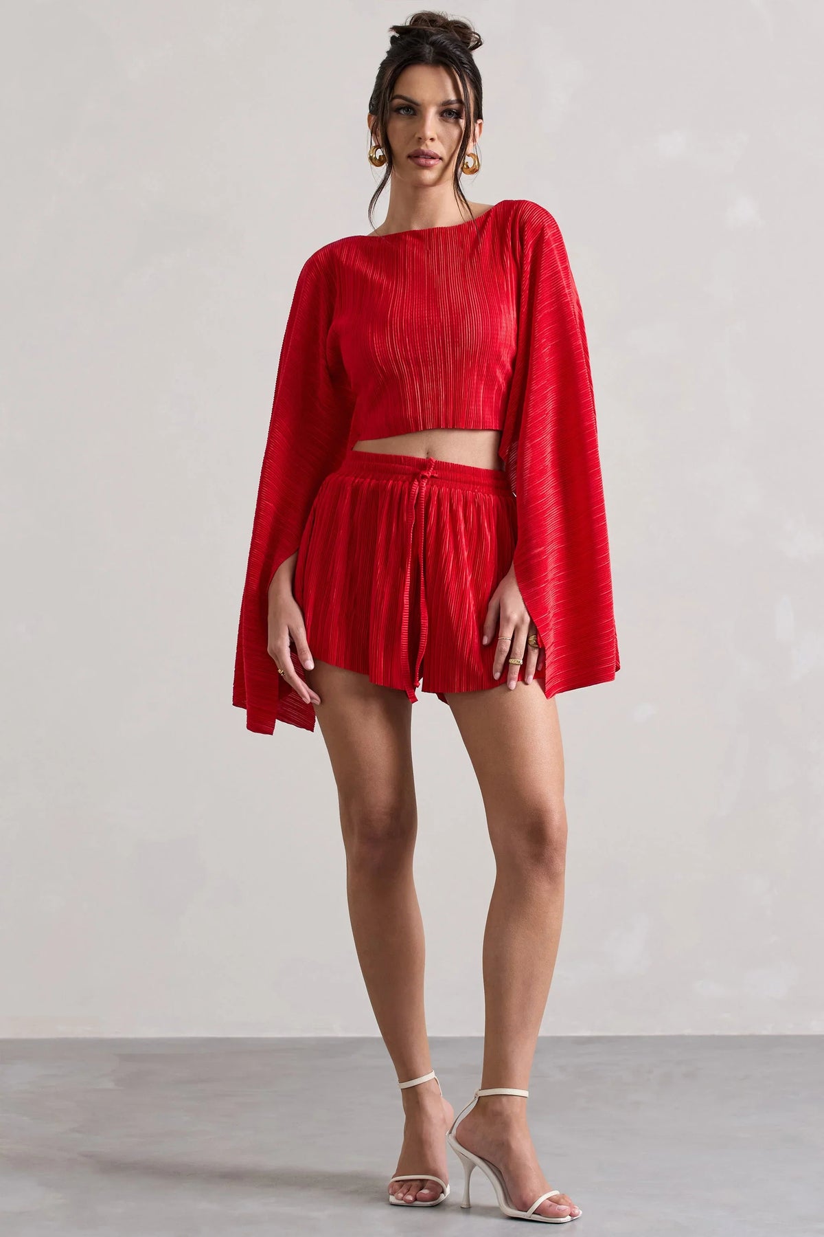 Aflame Red Plisse Tie Waist Shorts