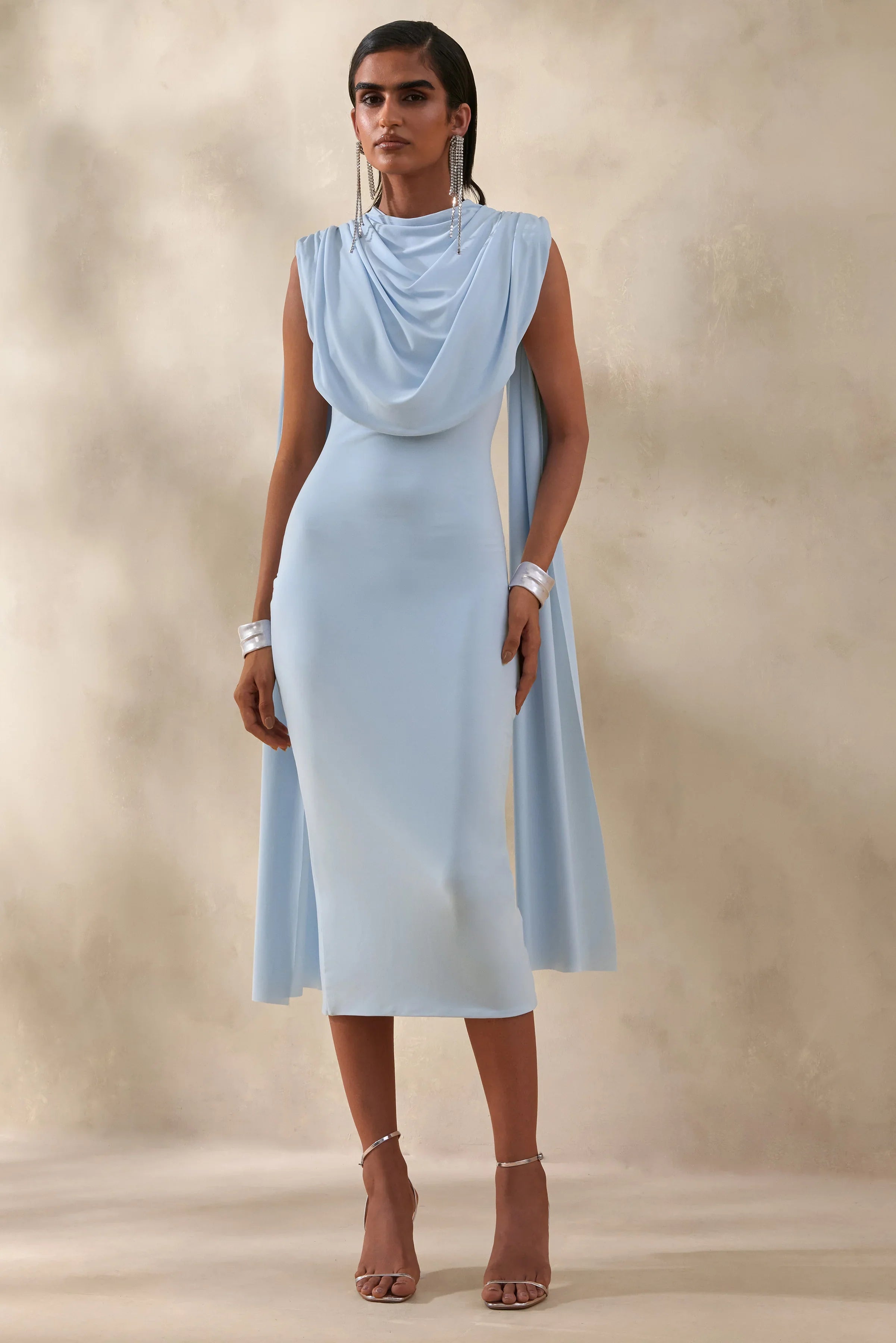 Lysandria Powder Blue High Neck Midi Dress With Draped Detailing