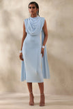 Lysandria Powder Blue High Neck Midi Dress With Draped Detailing