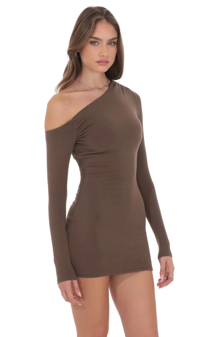 Off Shoulder Long Sleeve Dress in Taupe