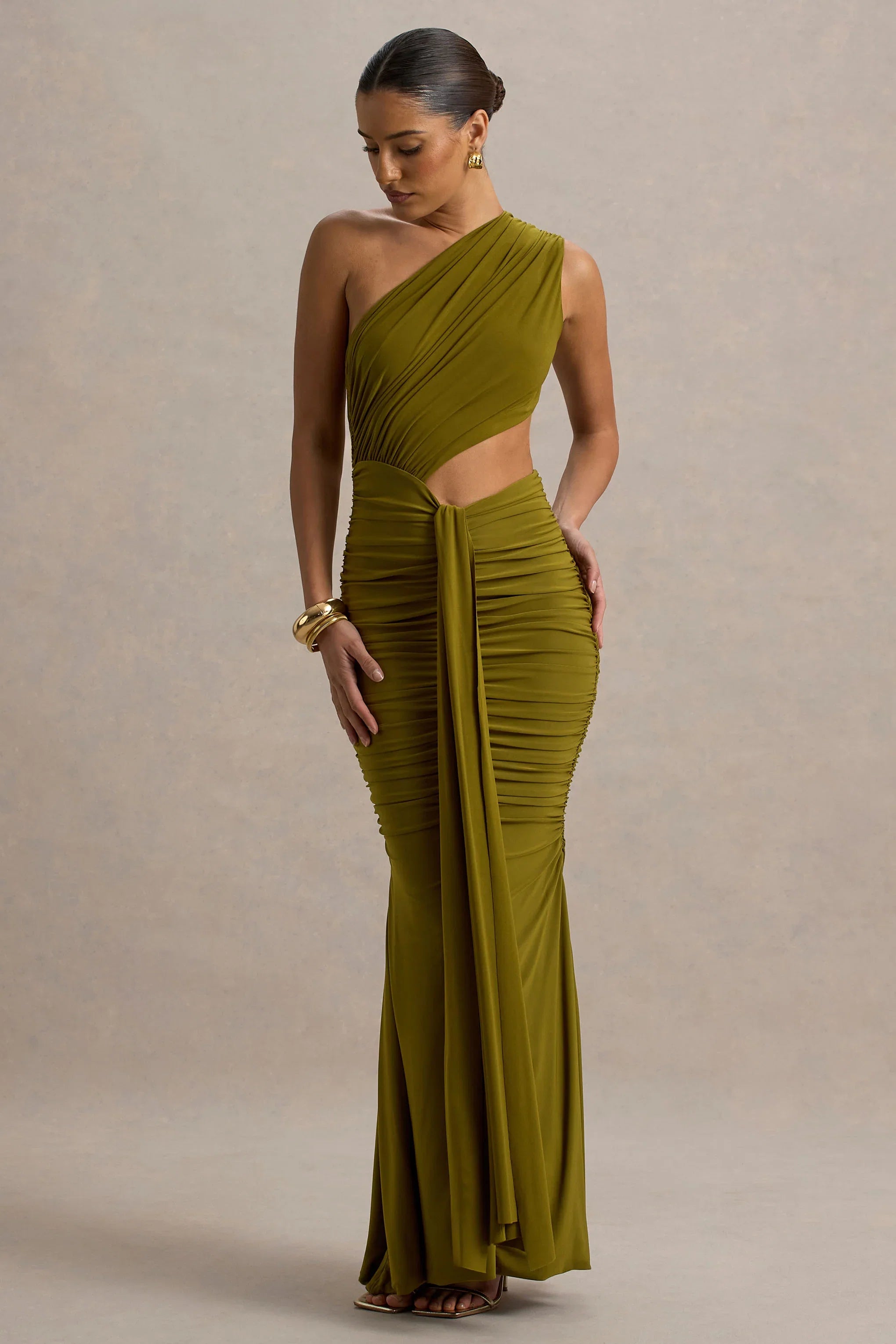 Beline Green One Shoulder Cut Out Maxi Dress With Drape