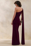 Bettine Burgundy Asymmetric Neck Maxi Dress With Cape Sleeve