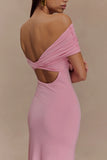 Imogen Off Shoulder Slinky Maxi Dress Candy Pink