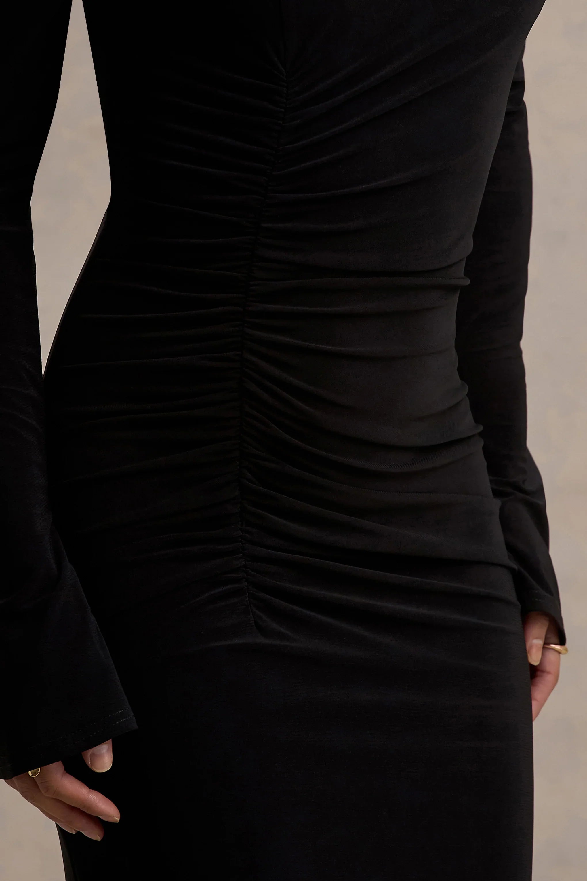 Cassandra Black High Neck Long Sleeve Midi Dress