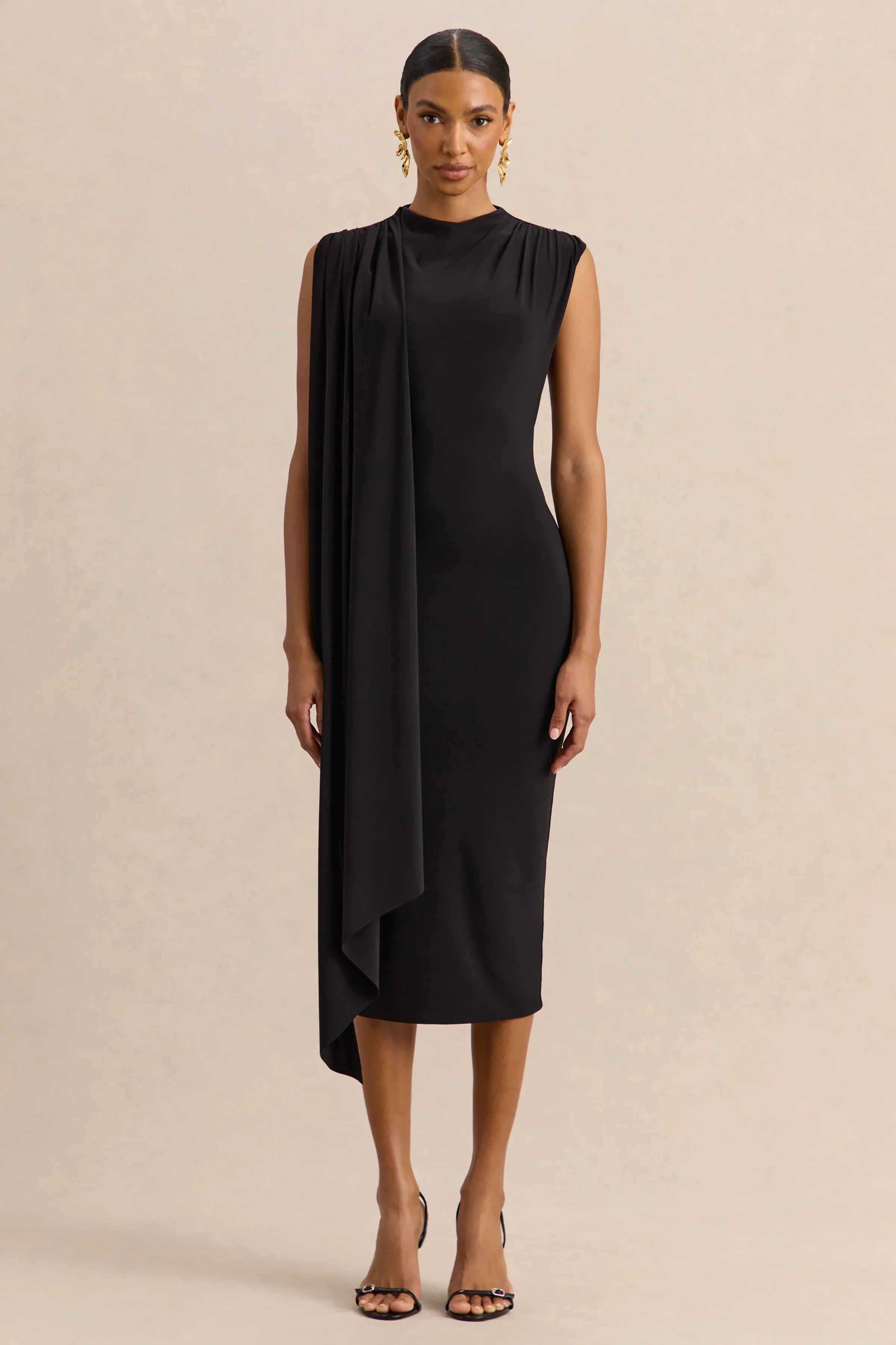 Oleandra Black High Neck Midi Dress With Draped Detail