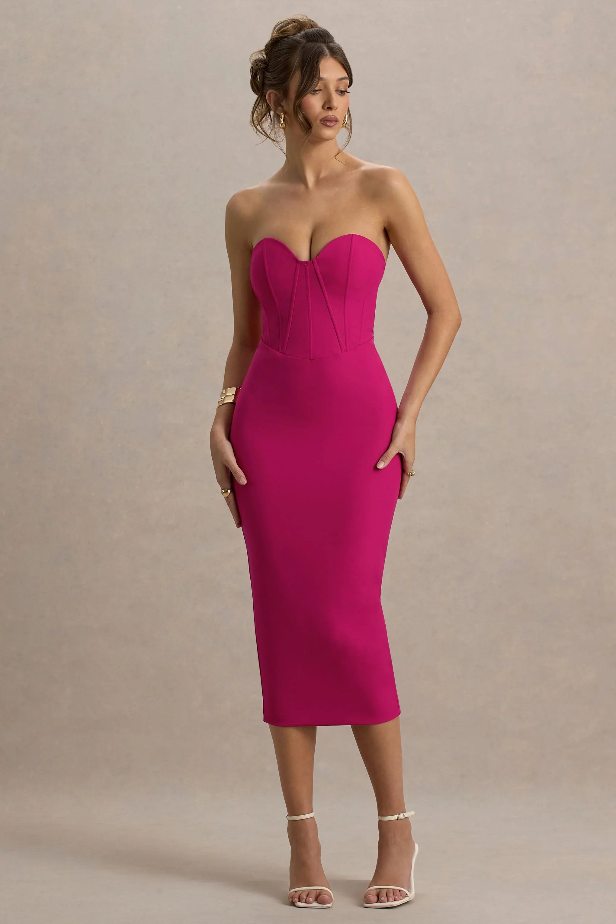 Nina Dark Pink Structured Strapless Corset Midi Dress