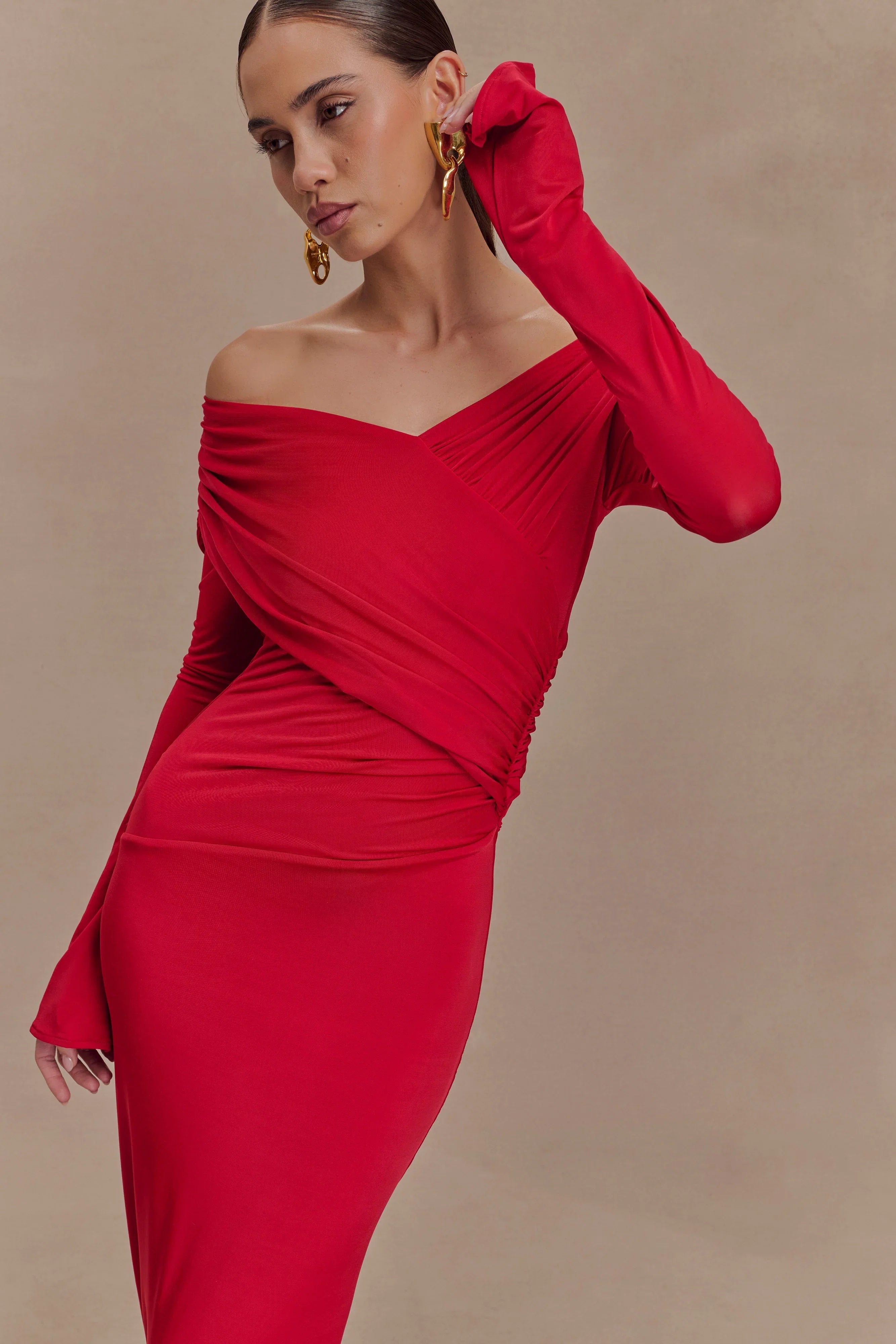 Therese Off Shoulder Ruched Maxi Dress Red