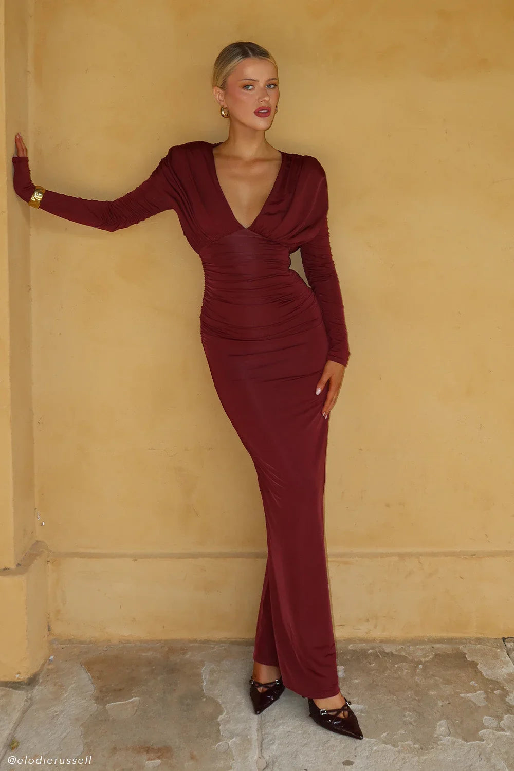 Hayden Long Sleeve Plunge Maxi Dress Wine