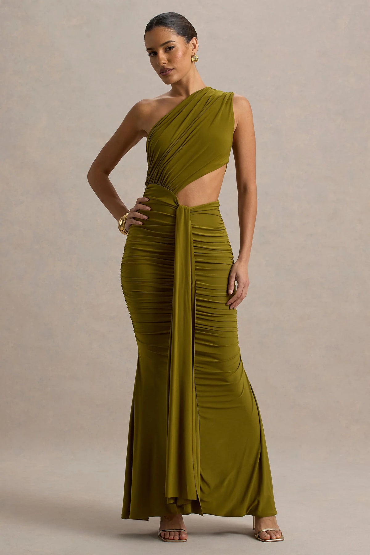 Beline Green One Shoulder Cut Out Maxi Dress With Drape
