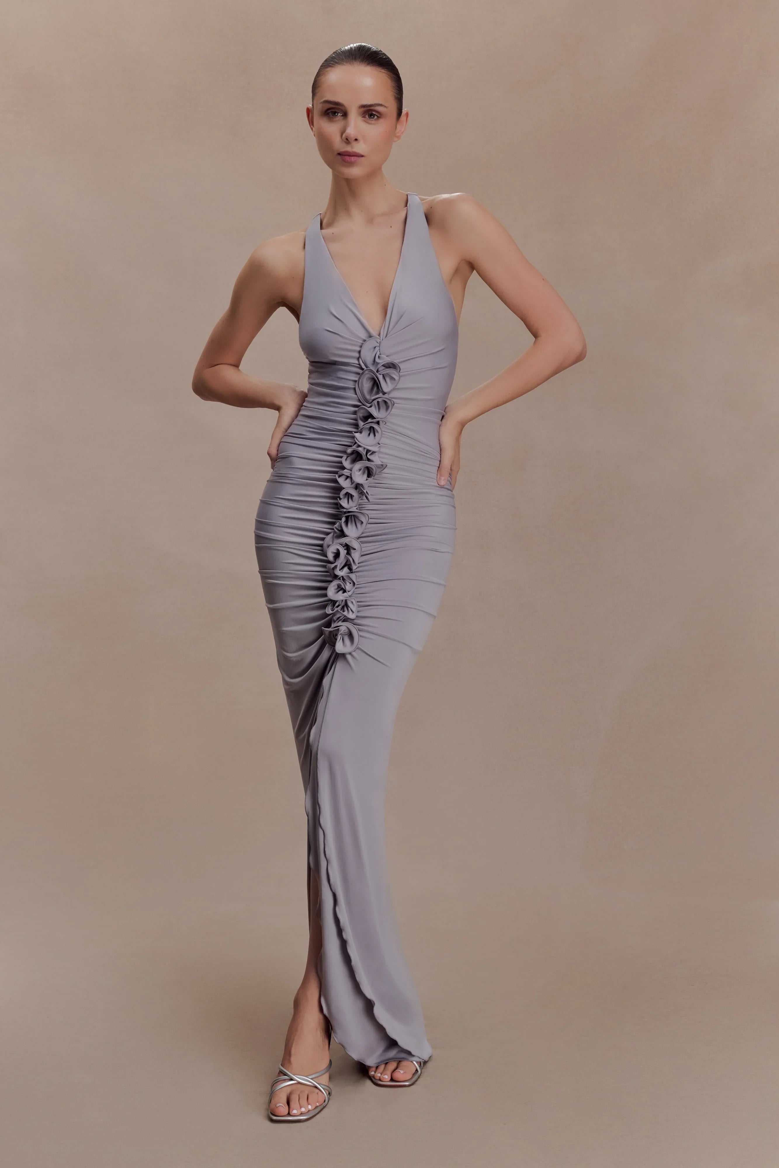 Alessandra Slinky Ruffle Maxi Dress Grey