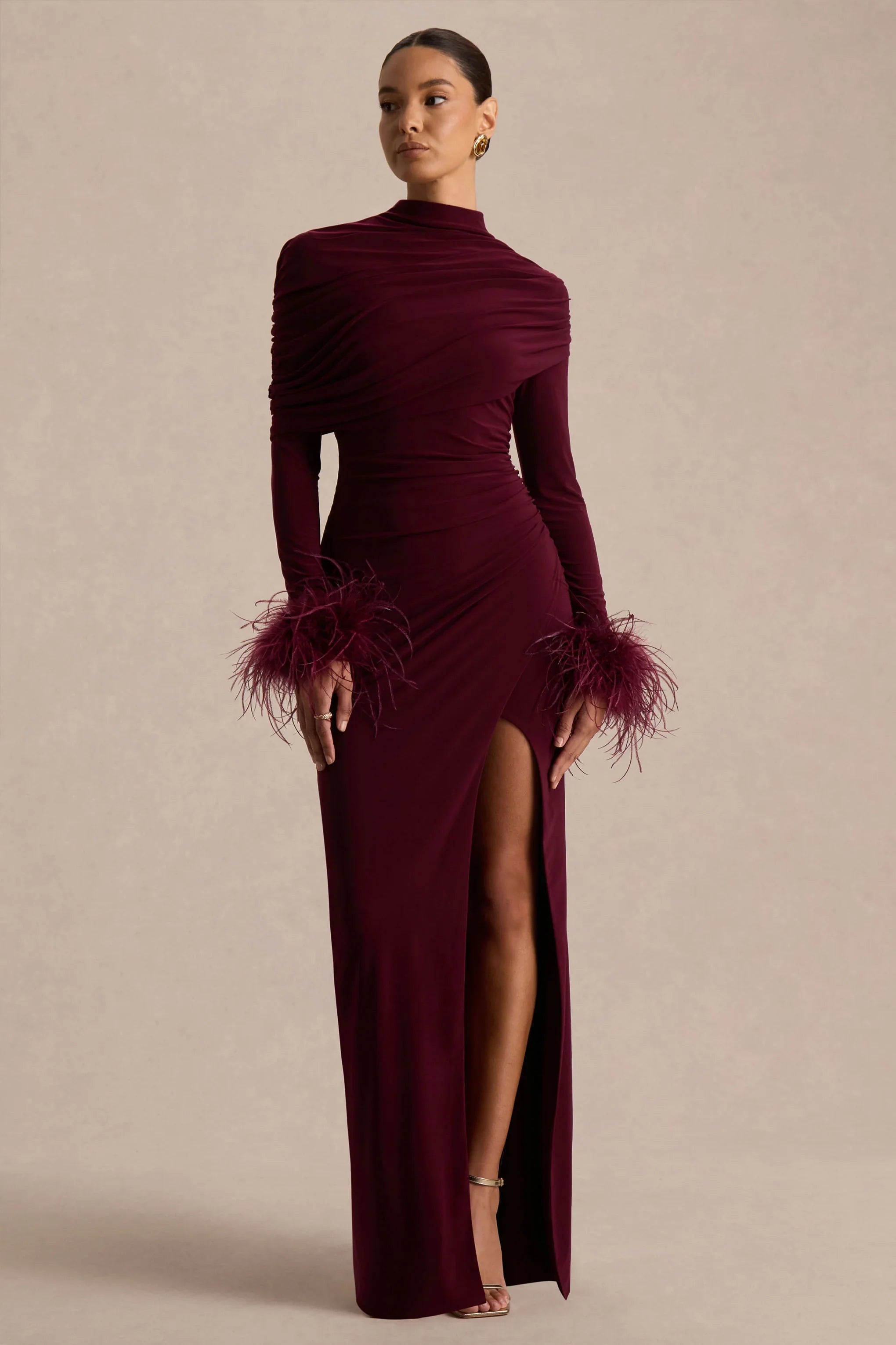 Gatsby Burgundy High Neck Maxi Dress With Feather Trim Cuffs