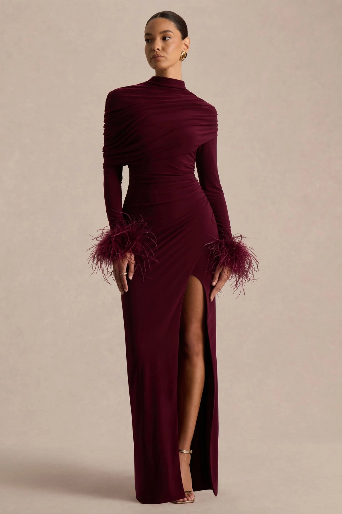 Gatsby Burgundy High Neck Maxi Dress With Feather Trim Cuffs