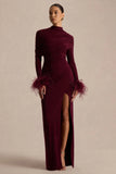 Gatsby Burgundy High Neck Maxi Dress With Feather Trim Cuffs