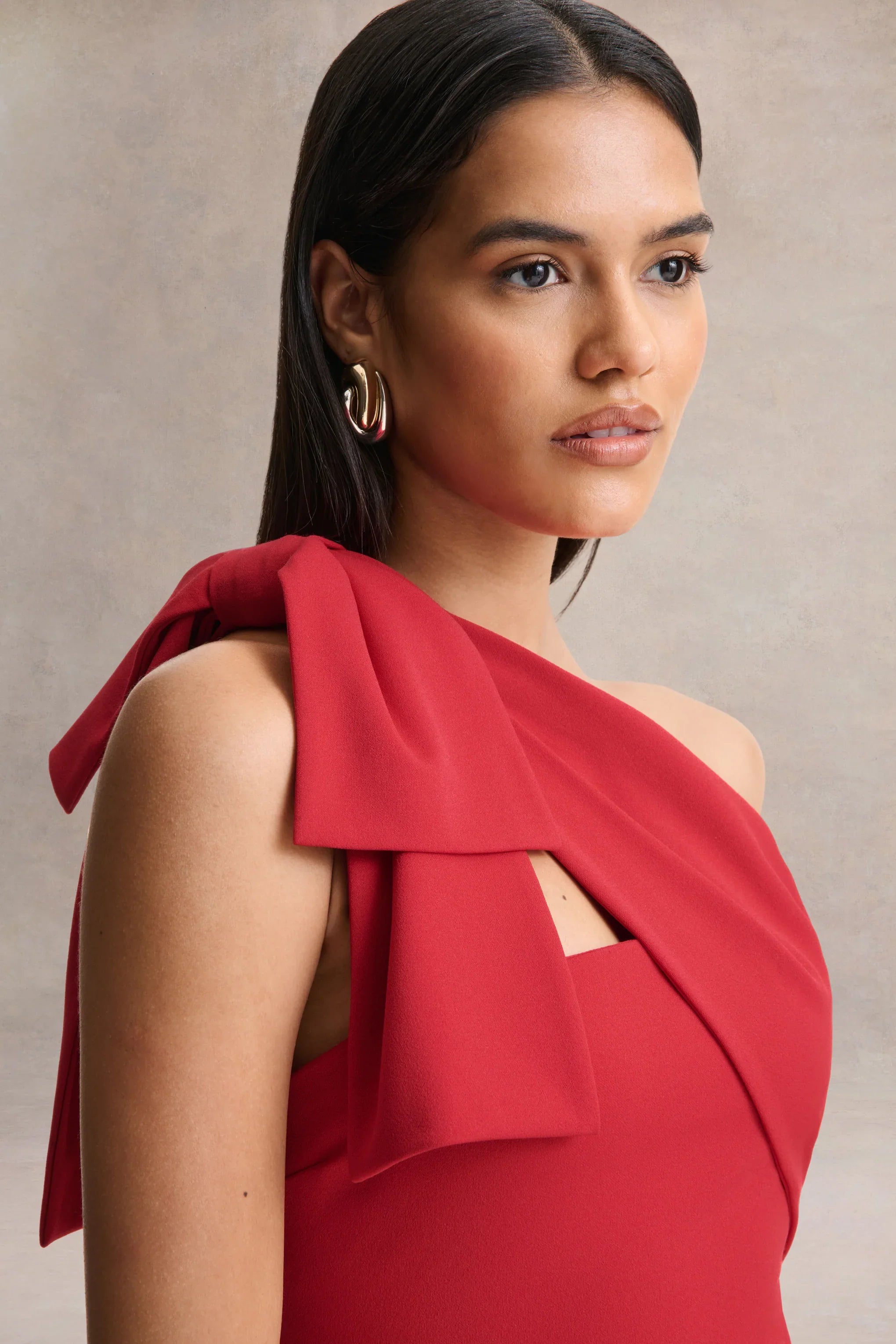 Adara Red Asymmetric Neck Maxi Dress With Bow Detail