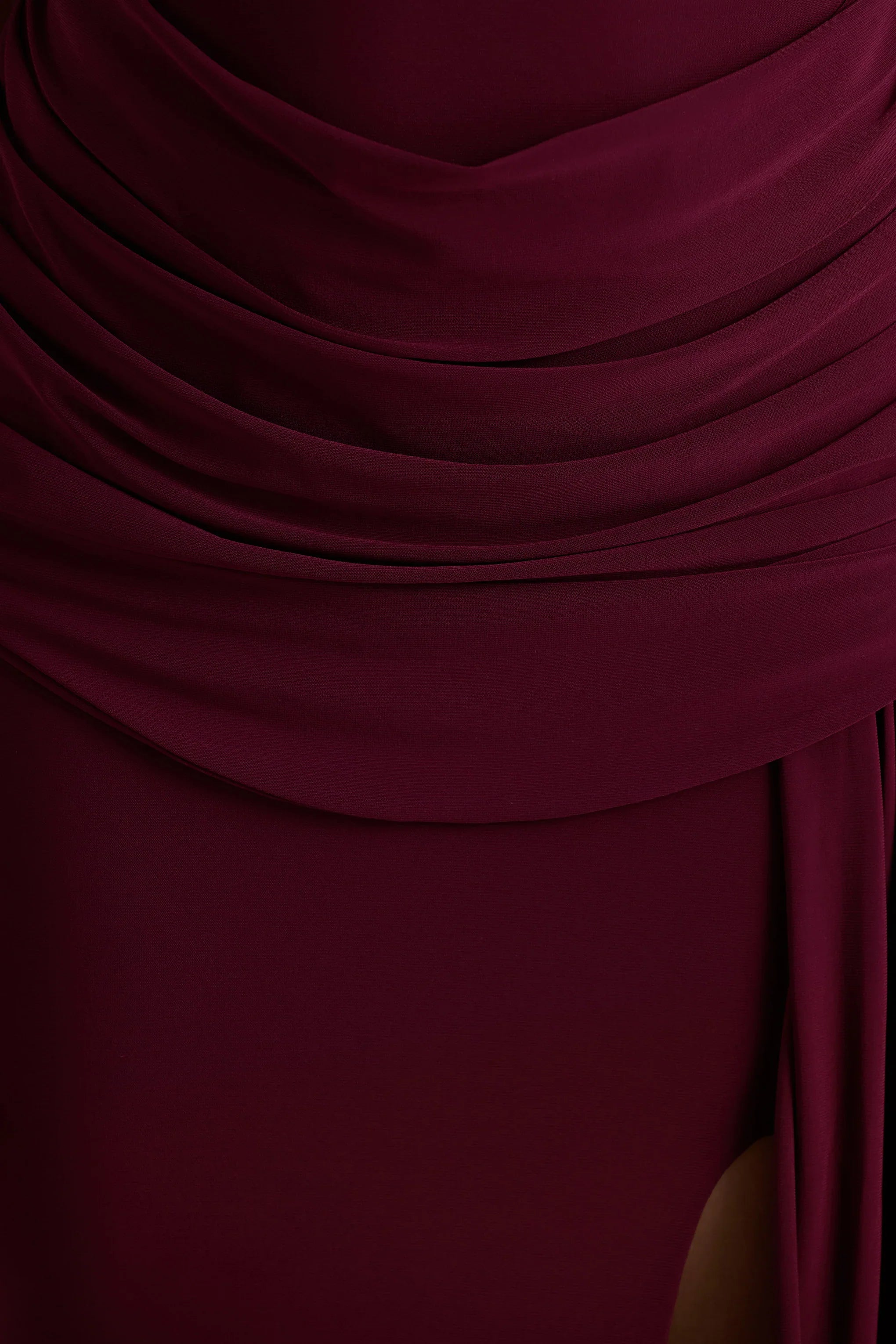 Dynasty Burgundy Asymmetric Neck Maxi Dress With Ruched Detailing And Front High Split