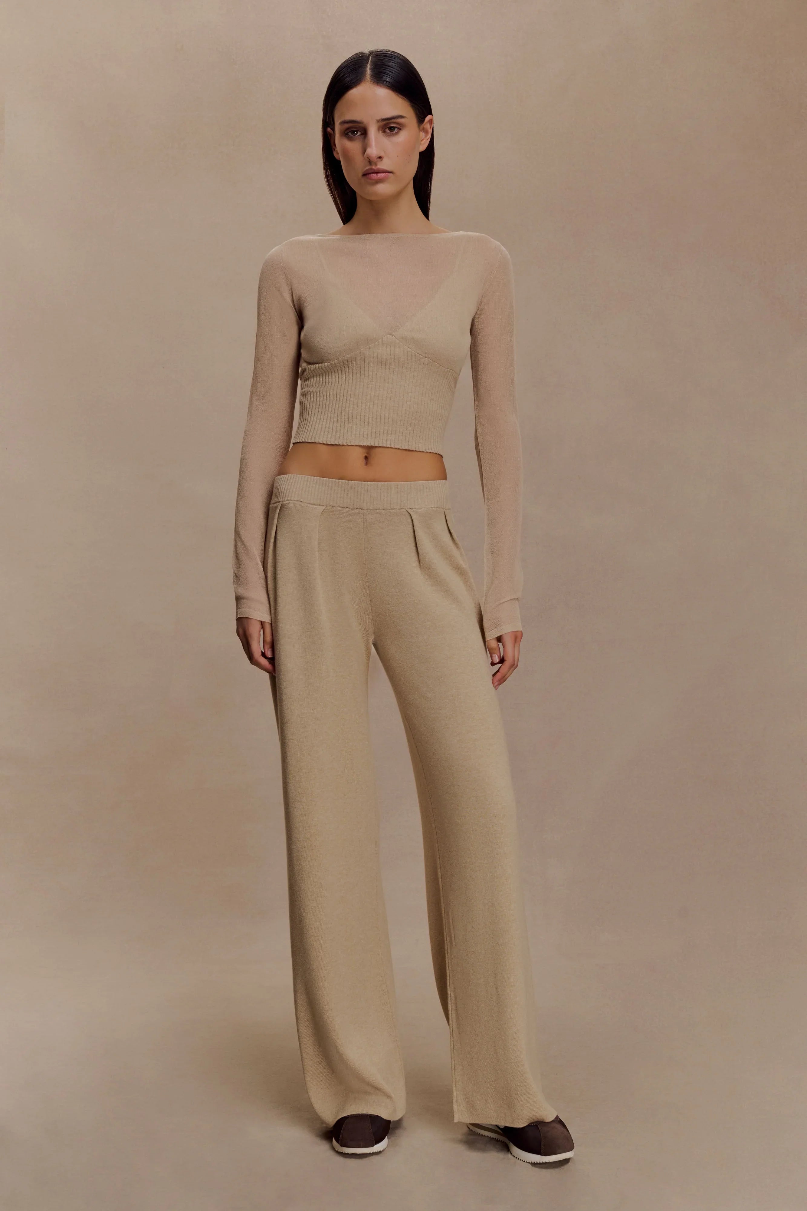 Frannie Gathered Silk Blend Knit Pants Sand