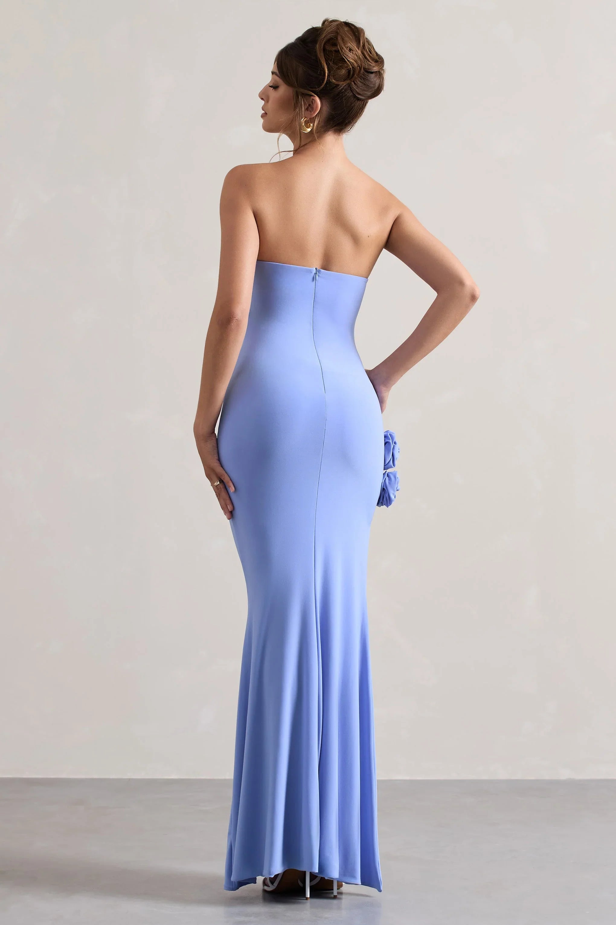 My Muse Blue Ruched Bandeau Split Maxi Dress With Flowers