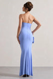 My Muse Blue Ruched Bandeau Split Maxi Dress With Flowers