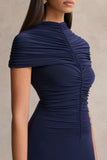 Azaria Navy High Neck Maxi Dress With Ruched Detailing